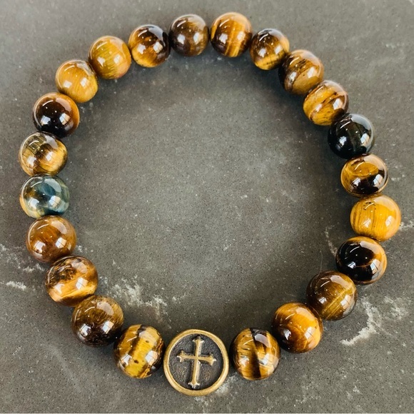 Tiger Eye & Cross Stacking Stretch Bracelet 6.5" - Picture 1 of 9